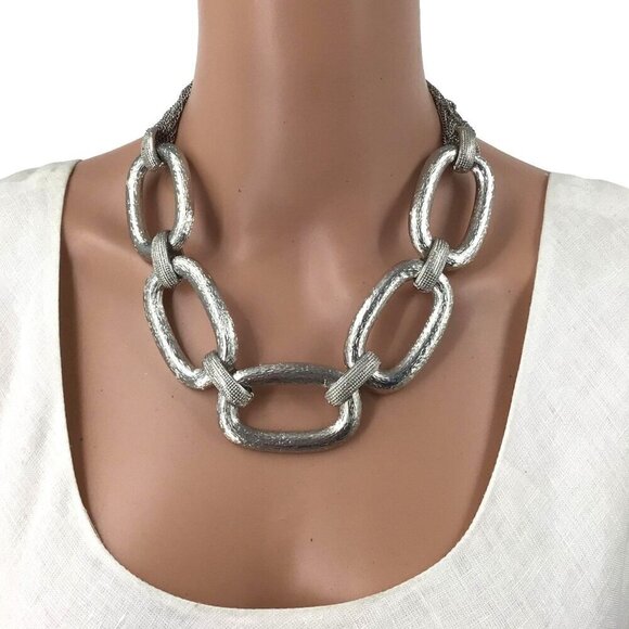 Chunky Statement Necklace Oval Textured Chain Link Adjustable Length - Picture 1 of 3